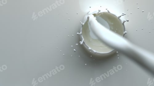Preview: Milk jet pouring slowly top view. Stream splashing liquid filling container