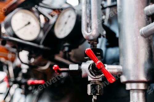 Preview: Old steam train cabine, valves, pipes closeup