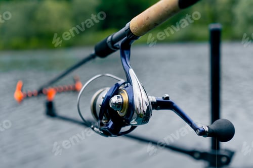 Preview: close-up Fishing tackle fishing spinning hooks and baits fisherman on reservoir feeder free style