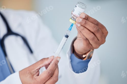 Preview: Woman, hands and doctor with syringe in vial for cure, vaccine or medication at hospital. Closeup o