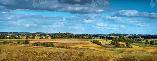 Preview: panoramic view of agricultural lands, allotments, plots, colored lines and hills