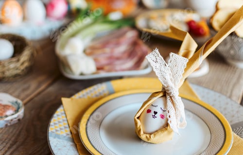 Preview: Easter holiday food on wooden table. Easter eggs, decorations, tablescape.