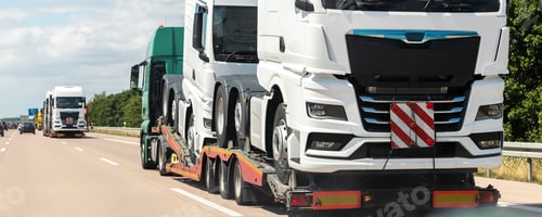 Preview: Back view of semi-trailer flatbed vehicle deliverying many new electric trucks sale automotive