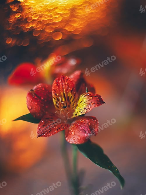 Preview: still life. drops. bokeh. blossom.Red flowers