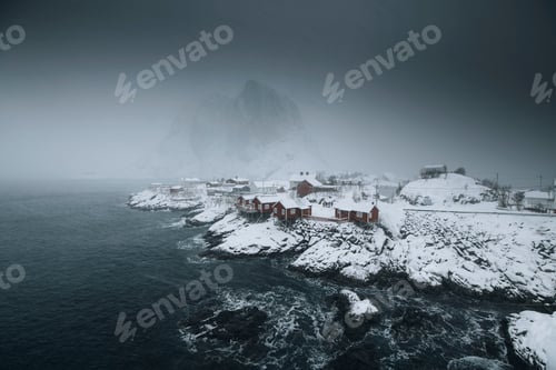Preview: Snowy fishing village at Moskenesøya island, Norway