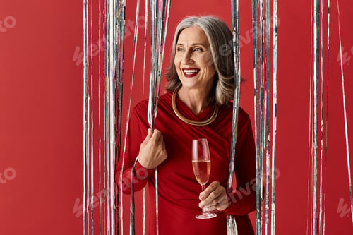 Preview: Joyful celebration of Christmas and New Year by a beautiful mature woman with grey hair