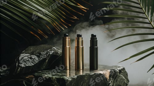 Preview: Luxury Metallic Skincare Bottles with Palm Leaves and Steam