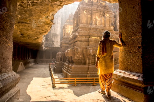 Preview: Hindu Sadhu the holy men visiting the Kailasa Temple, Ellora caves, UNESCO world heritage side.