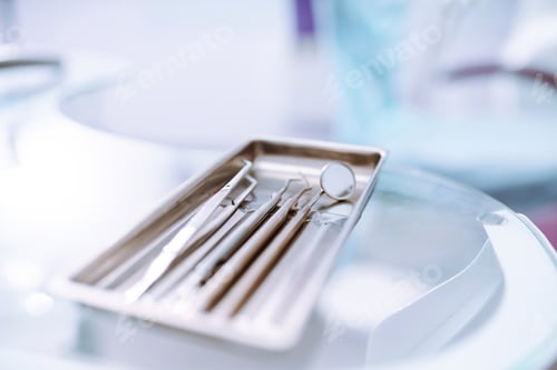 Preview: A set of sterile dental instruments for dental treatment. Dental care for people.