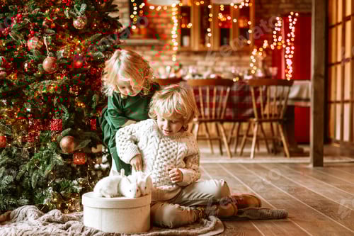 Preview: Children with Rabbits by Decorated Christmas Tree