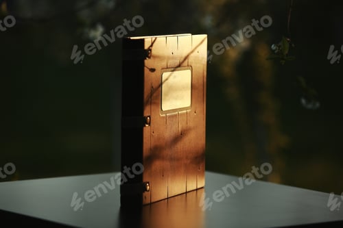 Preview: wooden photobook on the table. place for the inscription. side view