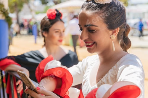 Preview: Laughing flamenco dancers with phone during city festival