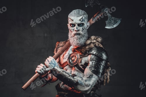 Preview: Dead king with hatchet on his shoulder in dark background