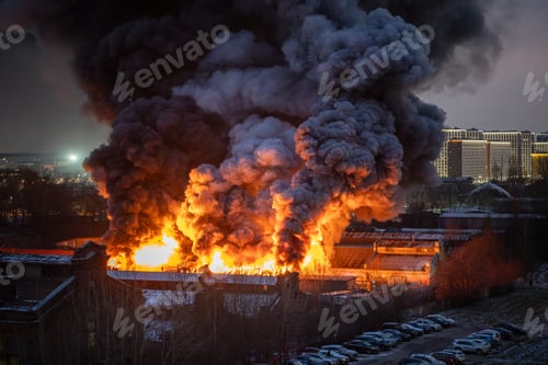 Preview: Nearby burning building with orange flames, parks and smoke from fire in residential house at night.