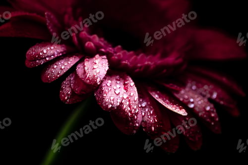Preview: close up of beautiful gerbera flower with wet pink petals, isolated on black