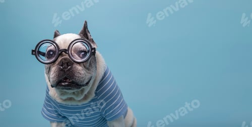 Preview: Funny french bulldog with a bottle ass pasta glasses and blue sweater with space for text