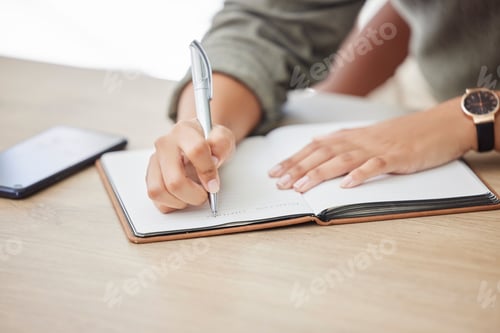 Preview: Woman hands, writing and notebook for planning schedule, agenda or list with a pen on an office tab