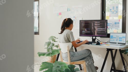 Preview: Programmer typing on keyboard coding programming fixing data code on computer screen.