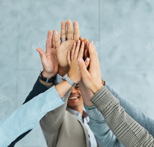 Preview: businessman businesswoman success young business team high five support unity celebrating give me