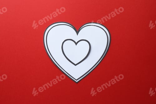 Preview: Paper hearts on red background, top view