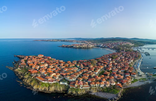 Preview: Panoramic view from a height above the town of Pomorie washed by the Black Sea in Bulgaria