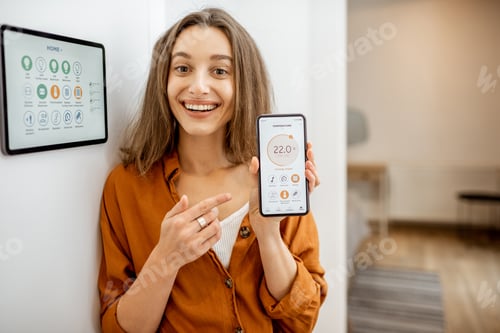 Preview: Happy woman controlling smart home with a touch screen devices