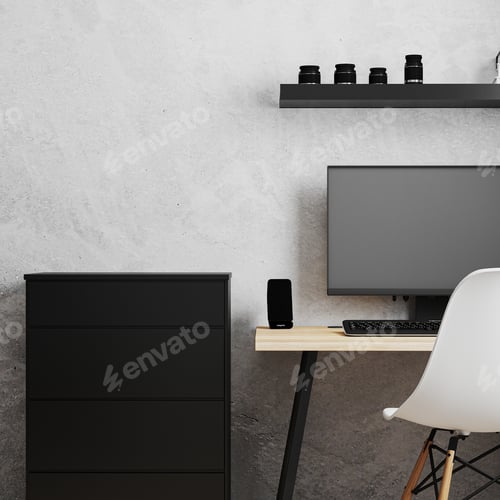 Preview: Workplace with PC on loft style wooden table with white chair, black chest of drawers