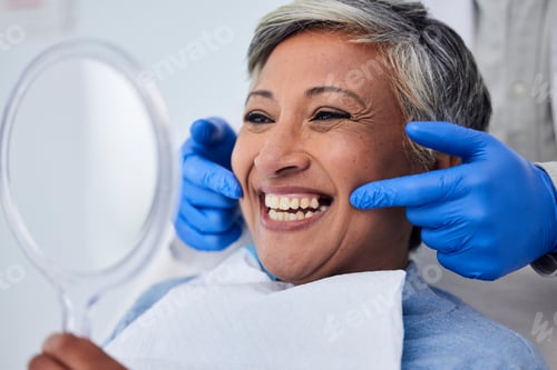 Preview: Senior woman, teeth and smile for dentist in dental care, appointment or checkup at the clinic. Hap