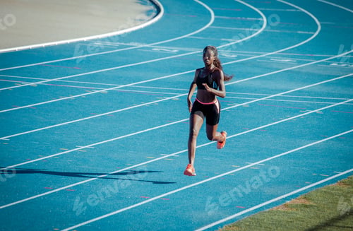 Preview: A black athlete of African origin trains her speed on a blue athletics track.