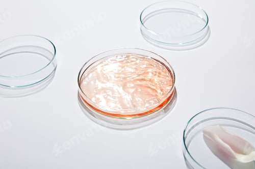 Preview: High view of laboratory glassware set with liquid and rose petal on grey background