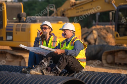 Preview: Construction surveyor or engineer working in pipe construction site