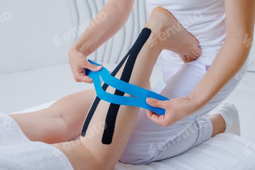Preview: Physiotherapist Applying Kinesiology Tape to Patient’s Leg for Muscle Support and Injury Recovery