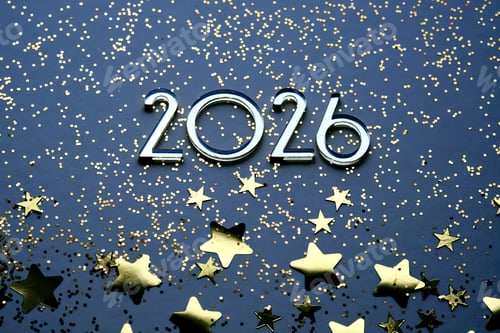 Visualização: Fundo azul festivo abstrato com estrelas douradas e o número é 2026.