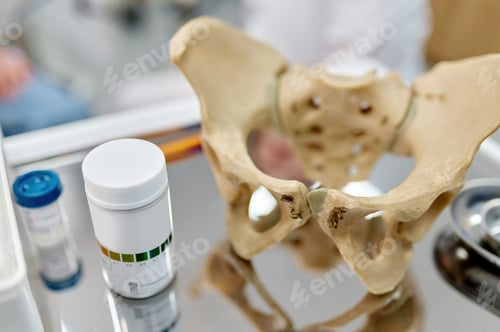 Preview: Pelvis anatomical skeleton structure model and pills on table