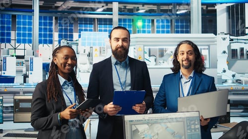 Preview: Portrait of happy supervisors inspecting solar plant machinery