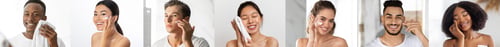 Preview: Skincare Concept. Diverse Multiethnic People Applying Moisturising Cream On Face At Home