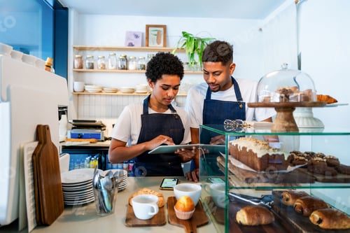 Preview: Barista and waiter working in a bar cafeteria shop