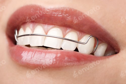 Preview: woman beautiful teeth with retainer orthodontic correction