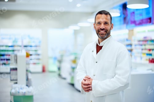 Preview: Smiling Pharmacist in White Coat Standing in a Bright Pharmacy Environment