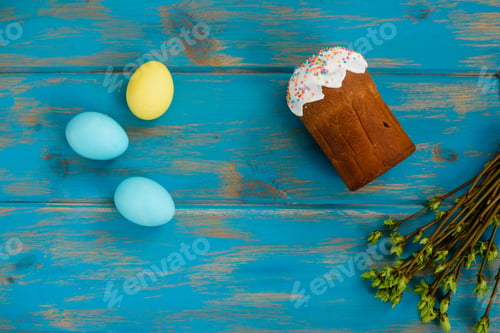 Preview: Easter cake and Easter eggs festive celebration table