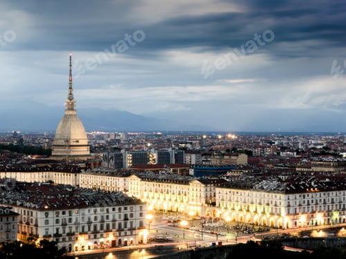 Preview: Cityscape of Torino (Turin, Italy) at sunset cloudy sky