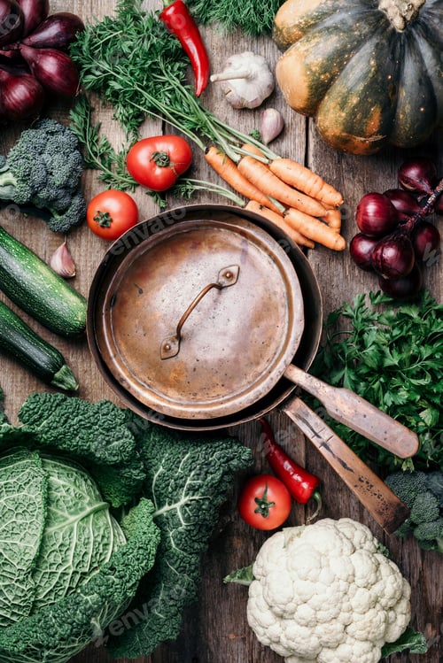 Preview: Vegetarian cooking ingredients. Autumn harvest fair. Healthy, clean food cooking and eating concept