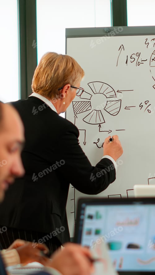 Preview: Senior business speaker woman presenting project writing on flip chart