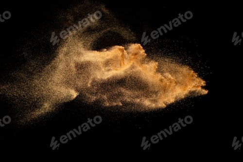 Preview: Dry river sand explosion. Brown colored sand splash against black background.