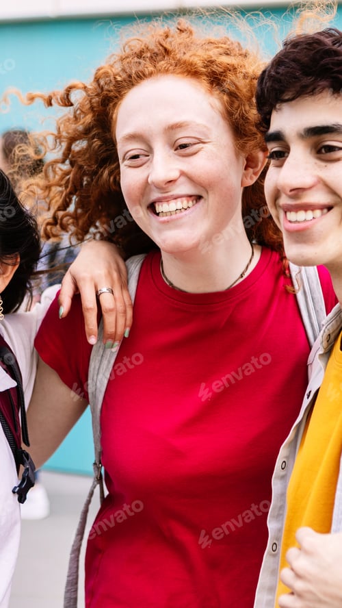 Preview: Vertical shot of young group of college student smiling together outdoors