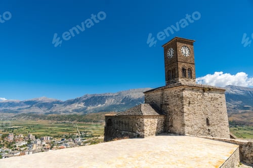 Preview: The clock tower in the Ottoman castle fortress of Gjirokaster or Gjirokastra. Albanian