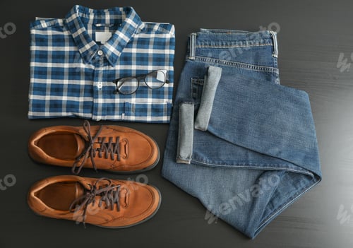 Preview: Flat lay composition with jeans, shirt, glasses and shoes on black table