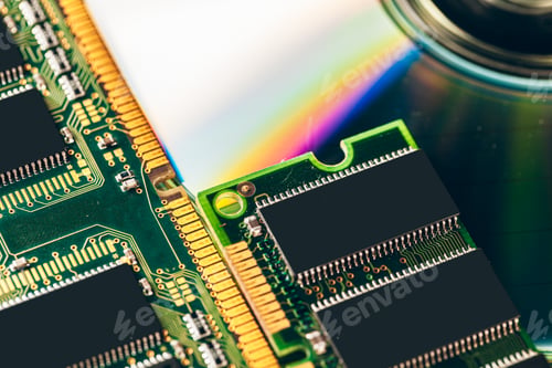 Preview: Green circuit board of a computer close up