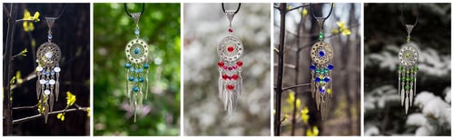 Preview: Collage of Handmade dream catcher with feathers threads and beads rope hanging