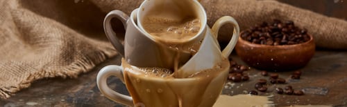 Preview: panoramic shot of flowing out hot coffee from cups on marble table near sackcloth and beans